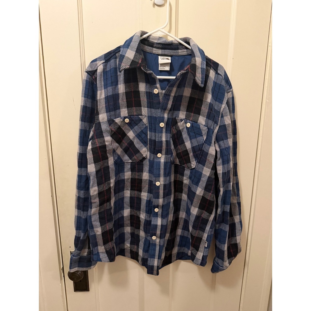 The North Face Mens Blue Plaid Quilted Lined Flannel Shirt Jacket Large L
